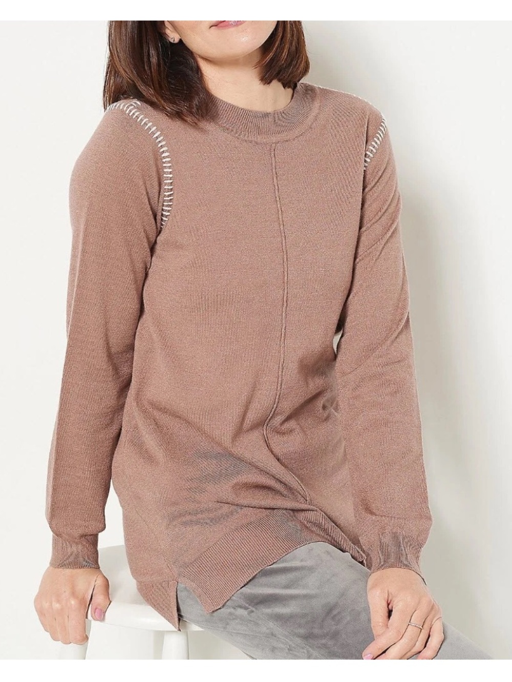 LOGO by Lori Goldstein Mock Neck Sweater w/ Stitch Detail Fawn A463631 Size L